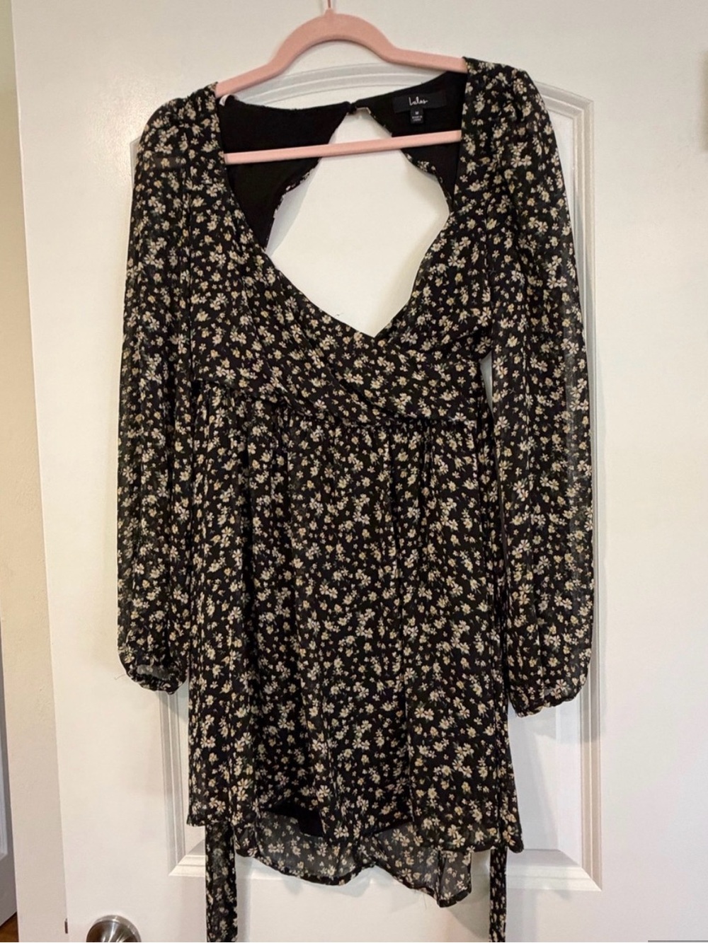 Lulu's Black Floral Backless Long-Sleeve Mini Dress - Picture 2 of 4